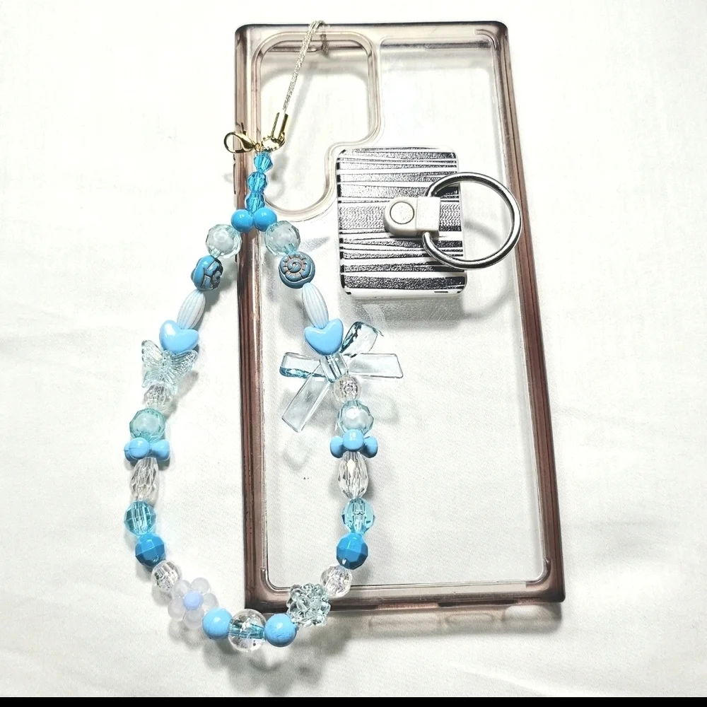 Cute Pastel Blue White Iridescent Beaded Girly Dainty Phone Charm Wrist Strap
